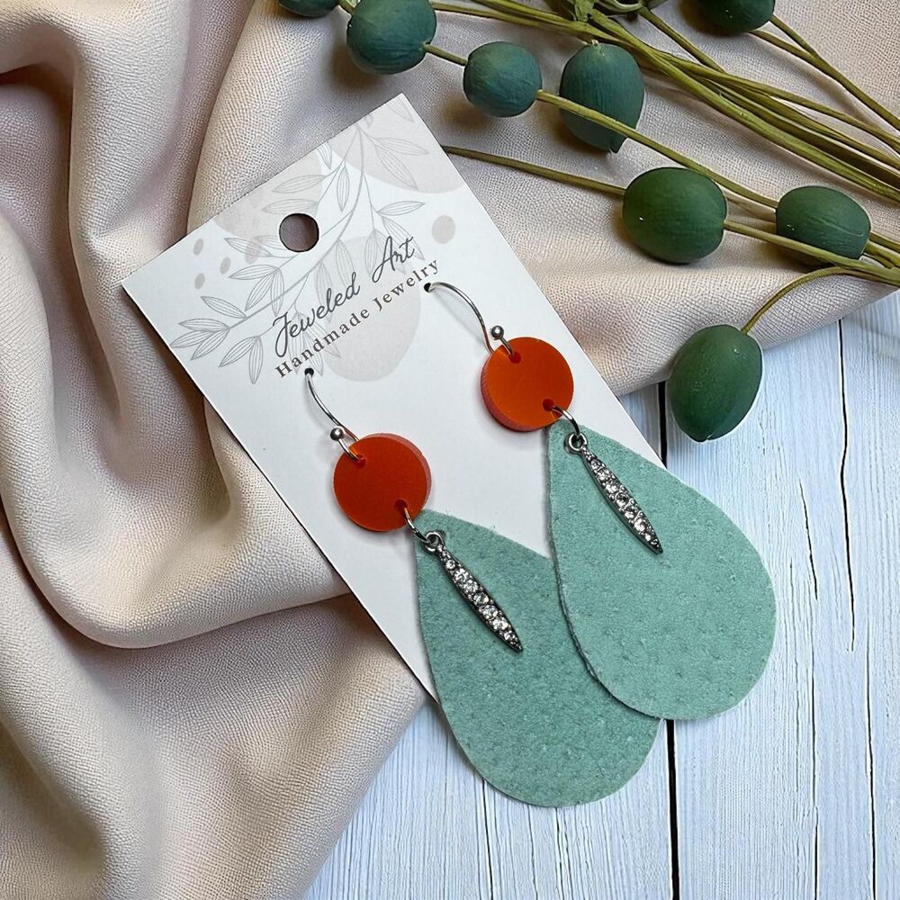 Hand-Painted Showgirl Inspired Turquoise Teardrop Glitter Accent Earrings - Picture 2 of 5